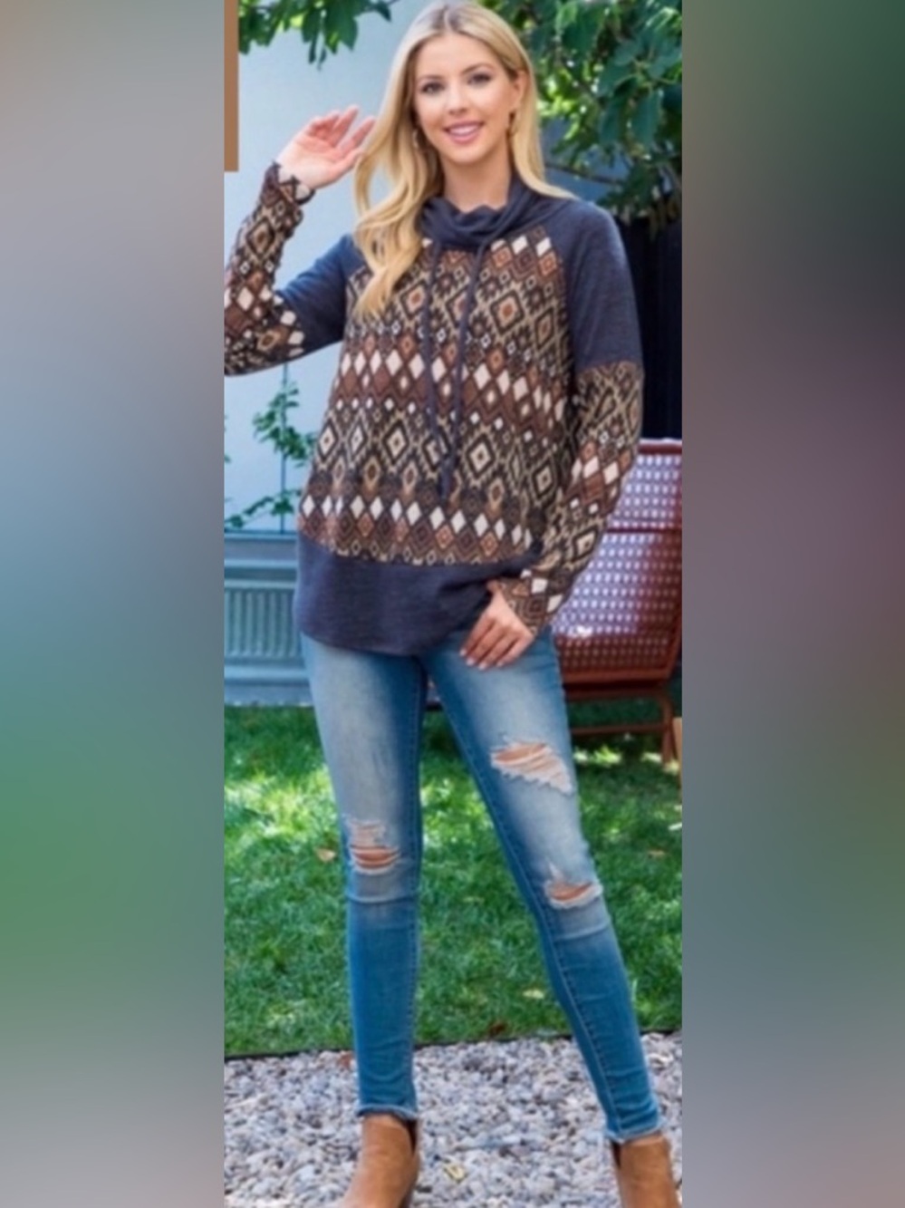 New Women's Comfortable Casual Turtle Neck Pullover Fall Cute Aztec Top